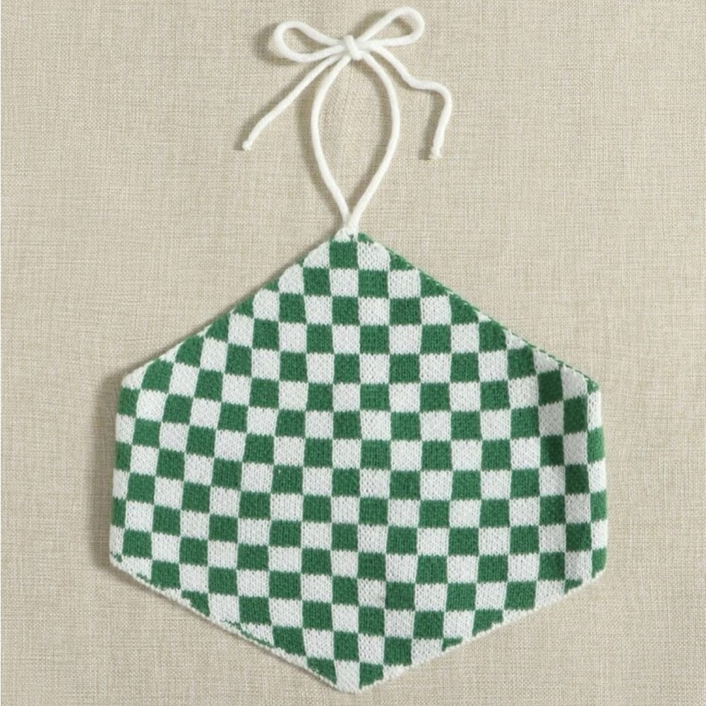 -NWOT | Self Tie Backless Checked Pattern Knit Top| Medium | Green - Picture 3 of 6
